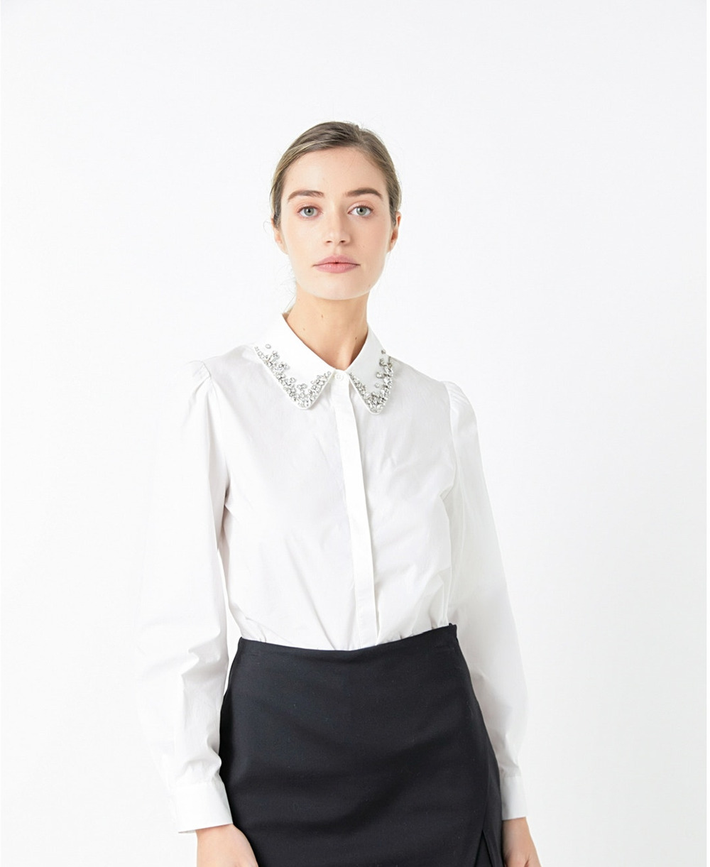 ENDLESS ROSE Top SMALL Off White Long Sleeve Button Up Jewel Gem Collar